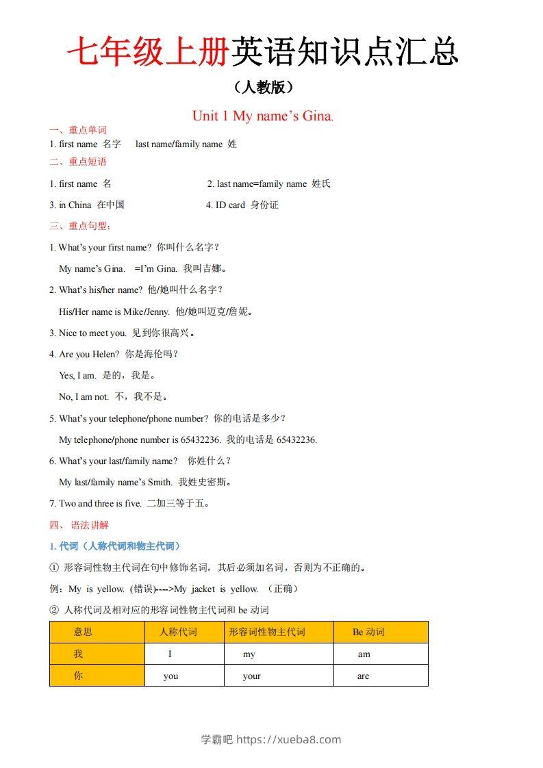 人教版七年级上册英语知识点汇总（一册全）-学霸吧