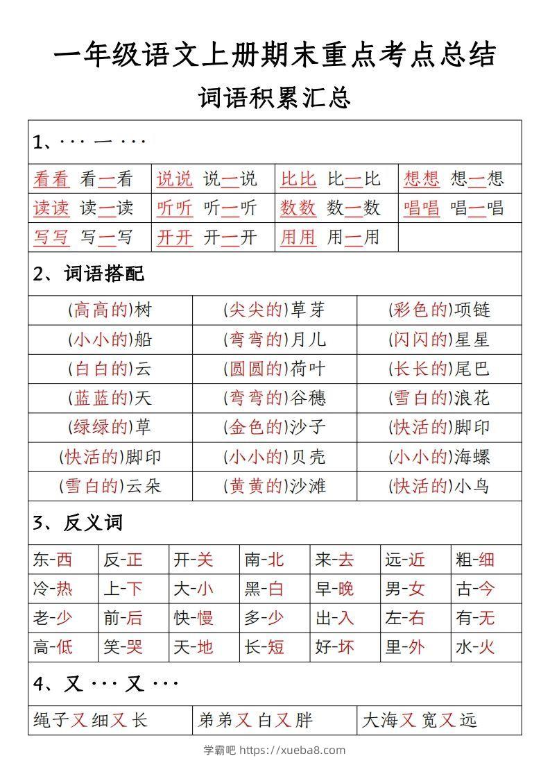 【期末重点考点总结词语积累汇总】一上语文-学霸吧