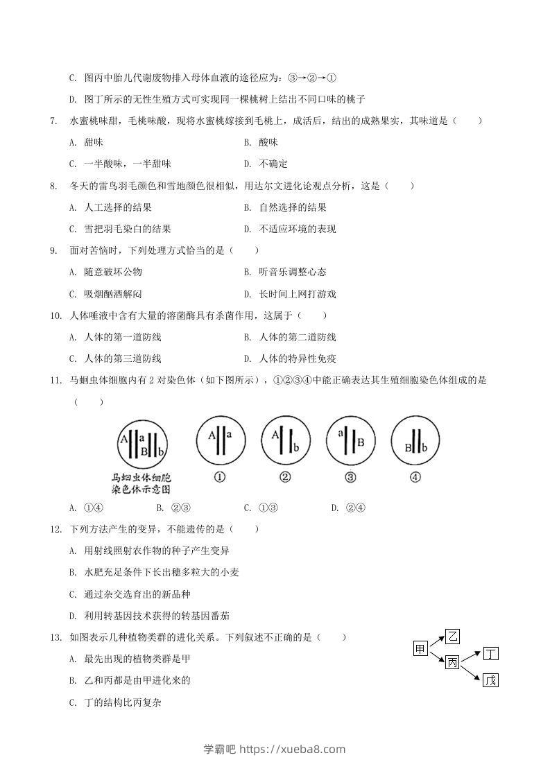 图片[2]-2020-2021学年山西省临汾市襄汾县八年级下学期期末生物试题及答案(Word版)-学霸吧