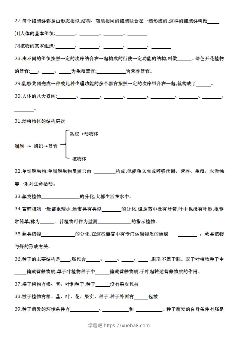 图片[3]-七上生物全册知识点填空72题（空白）-学霸吧