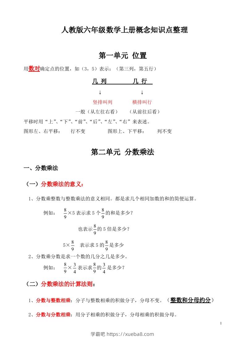 人教版六年级数学上册概念知识点整理-学霸吧