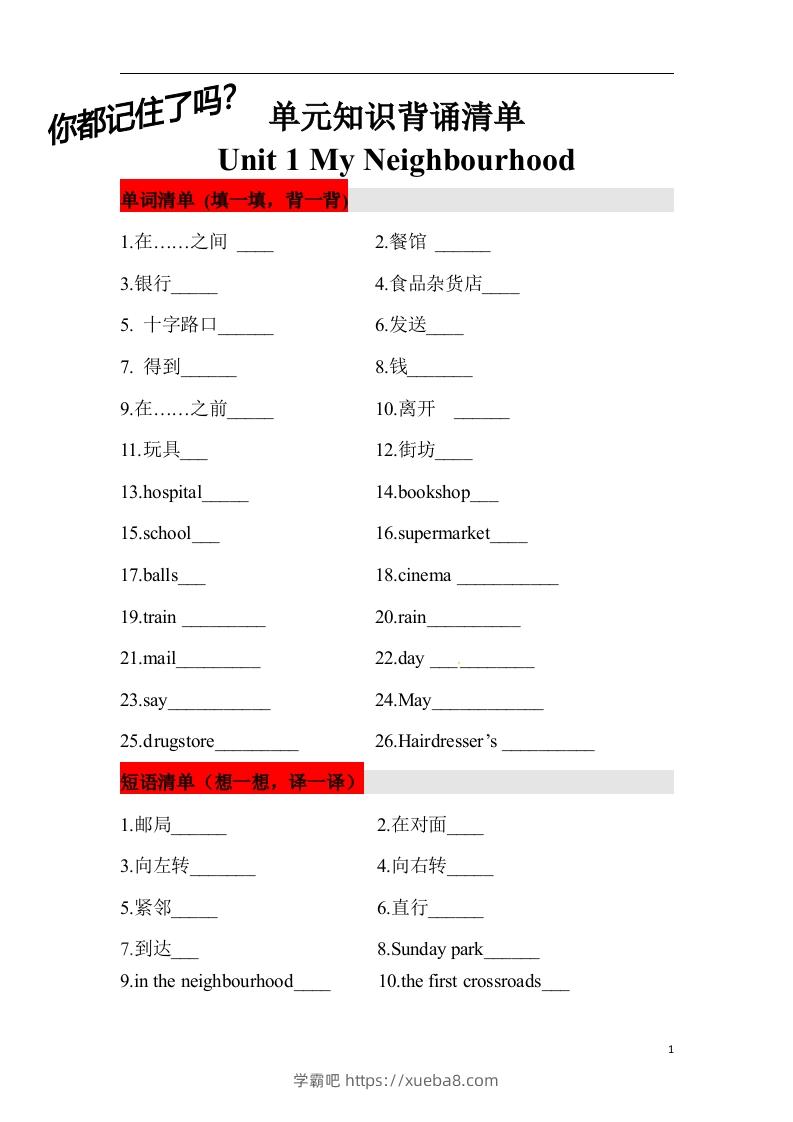 ❤四年级英语下册单元知识背诵清单Unit1MyNeighbourhood人教新起点（含答案）-学霸吧