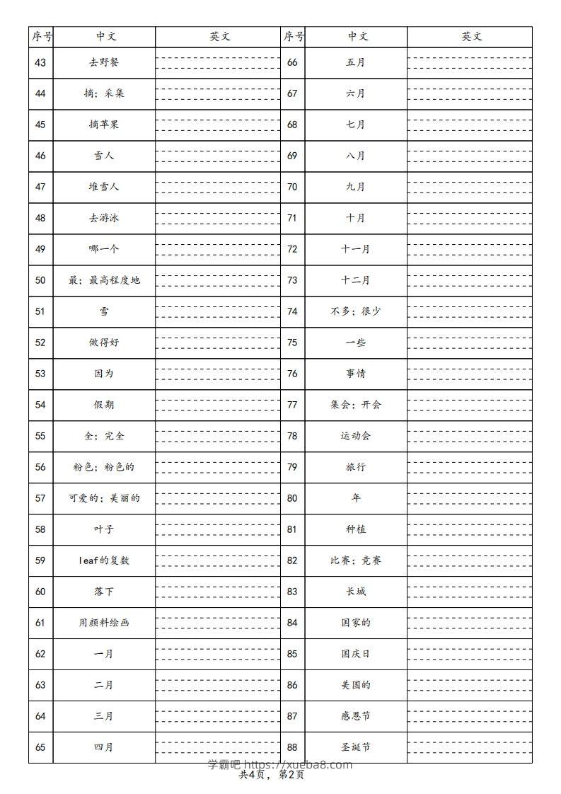 图片[2]-【默写】25春人教pep五下英语单词默写表（4页）-学霸吧