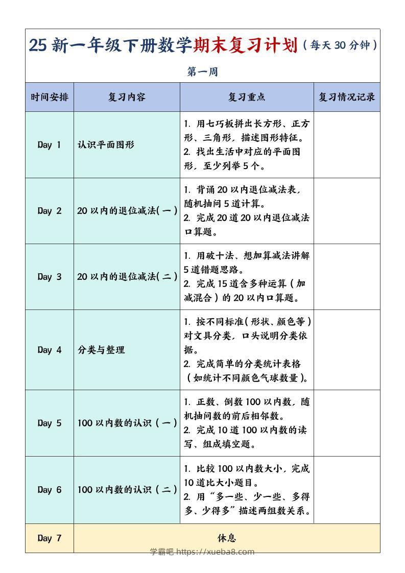 一年级下册数学期末复习计划及单元练习题-学霸吧