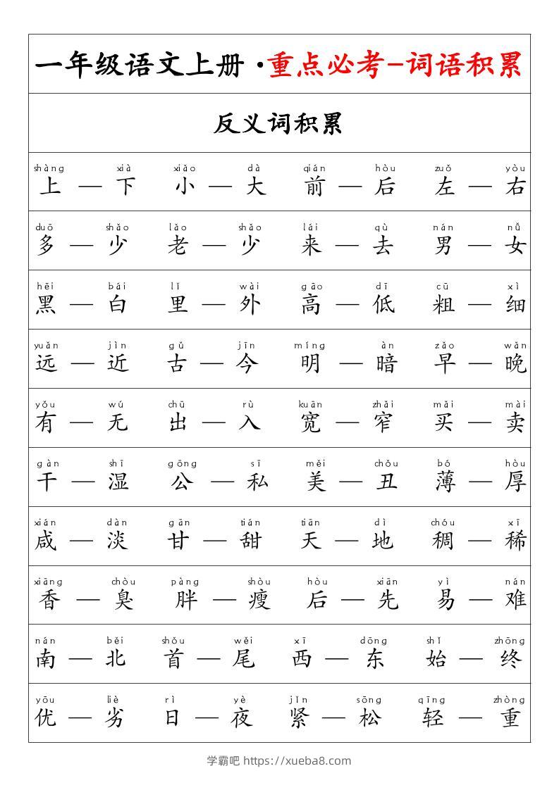 一年级语文上册·重点必考-词语积累-学霸吧