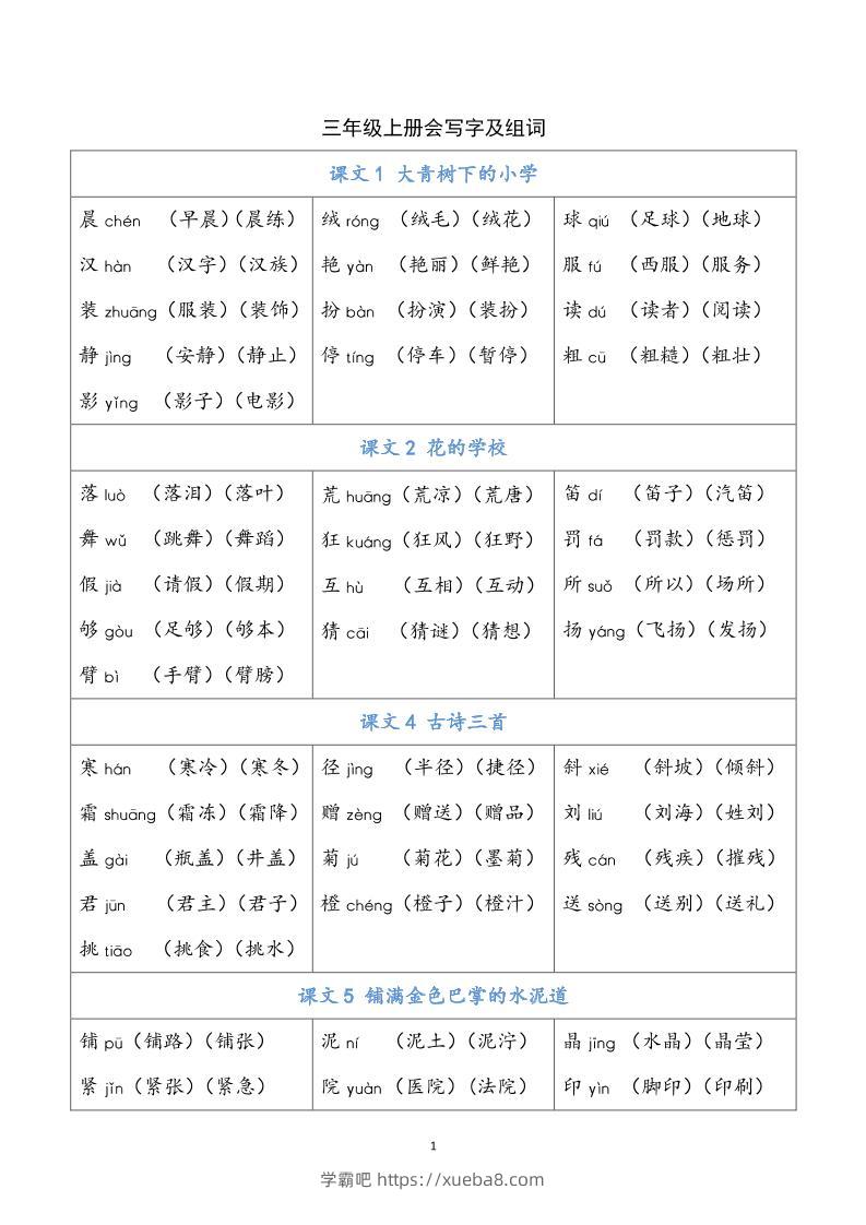 三上语文-写字表生字组词-学霸吧