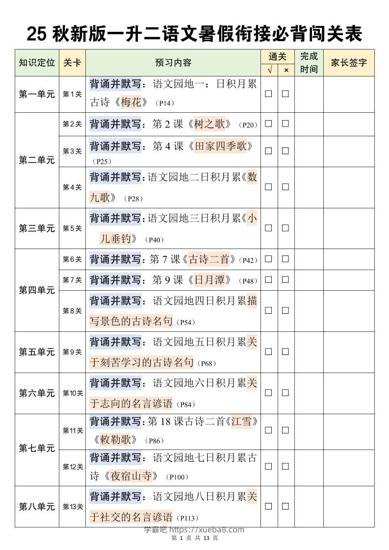 二上语文暑假衔接必背闯关表-学霸吧